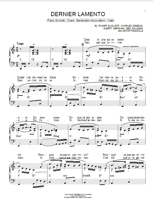 Astor Piazzolla Dernier lamento sheet music notes and chords arranged for Piano Solo