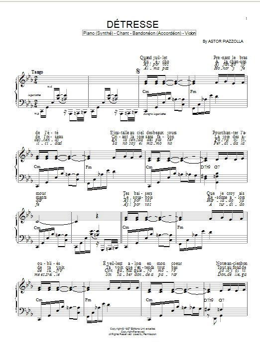 Astor Piazzolla Detresse sheet music notes and chords arranged for Piano Solo