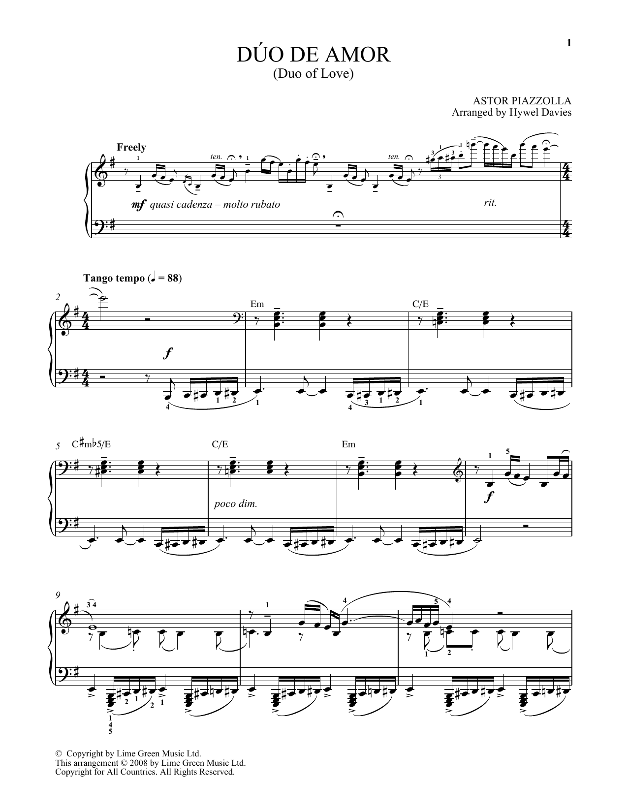 Astor Piazzolla Duo De Amor sheet music notes and chords arranged for Piano Solo