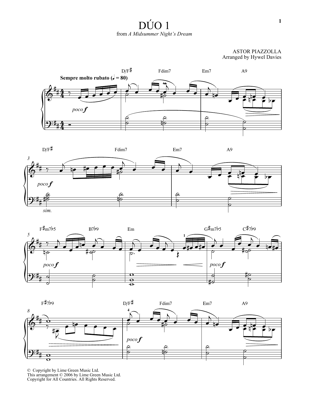 Astor Piazzolla Duo I sheet music notes and chords arranged for Piano Solo