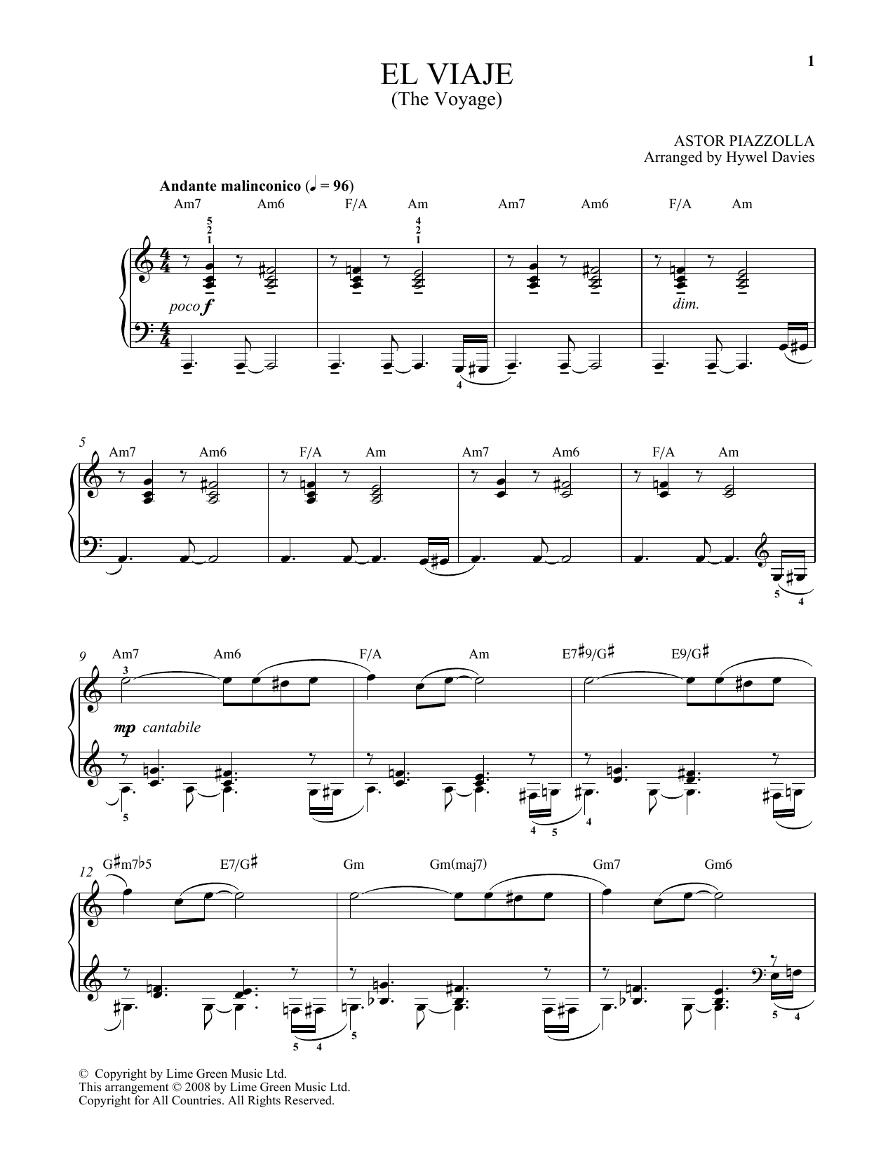 Astor Piazzolla El Viaje sheet music notes and chords arranged for Easy Piano