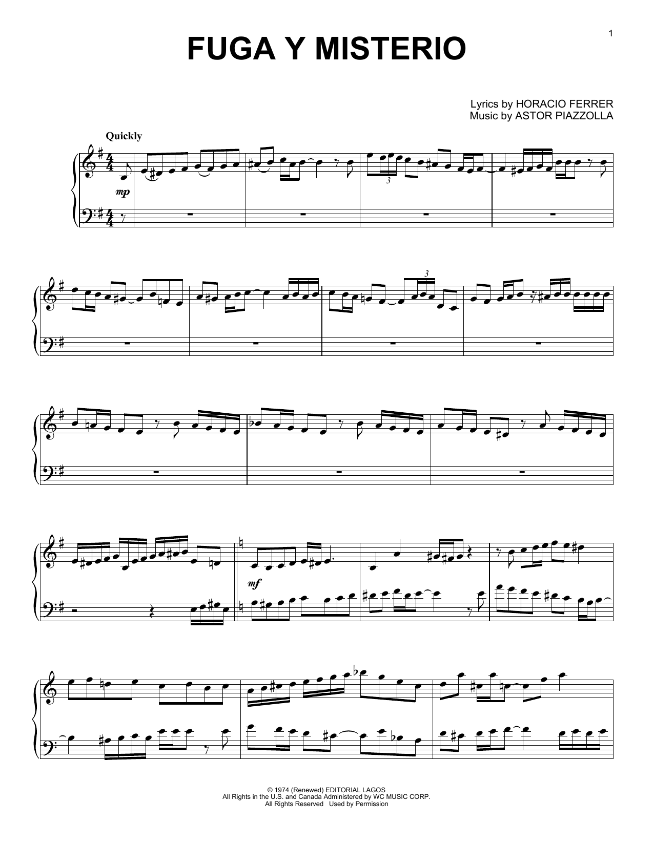 Astor Piazzolla Fuga Y Misterio sheet music notes and chords arranged for Piano Solo