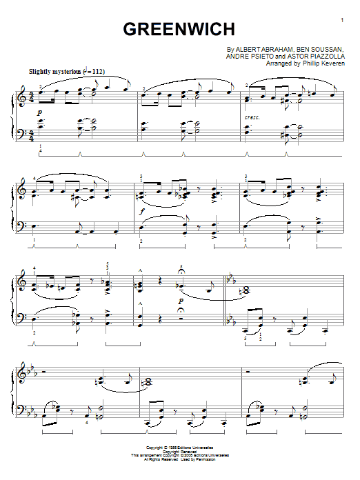 Astor Piazzolla Greenwich (arr. Phillip Keveren) sheet music notes and chords arranged for Piano Solo