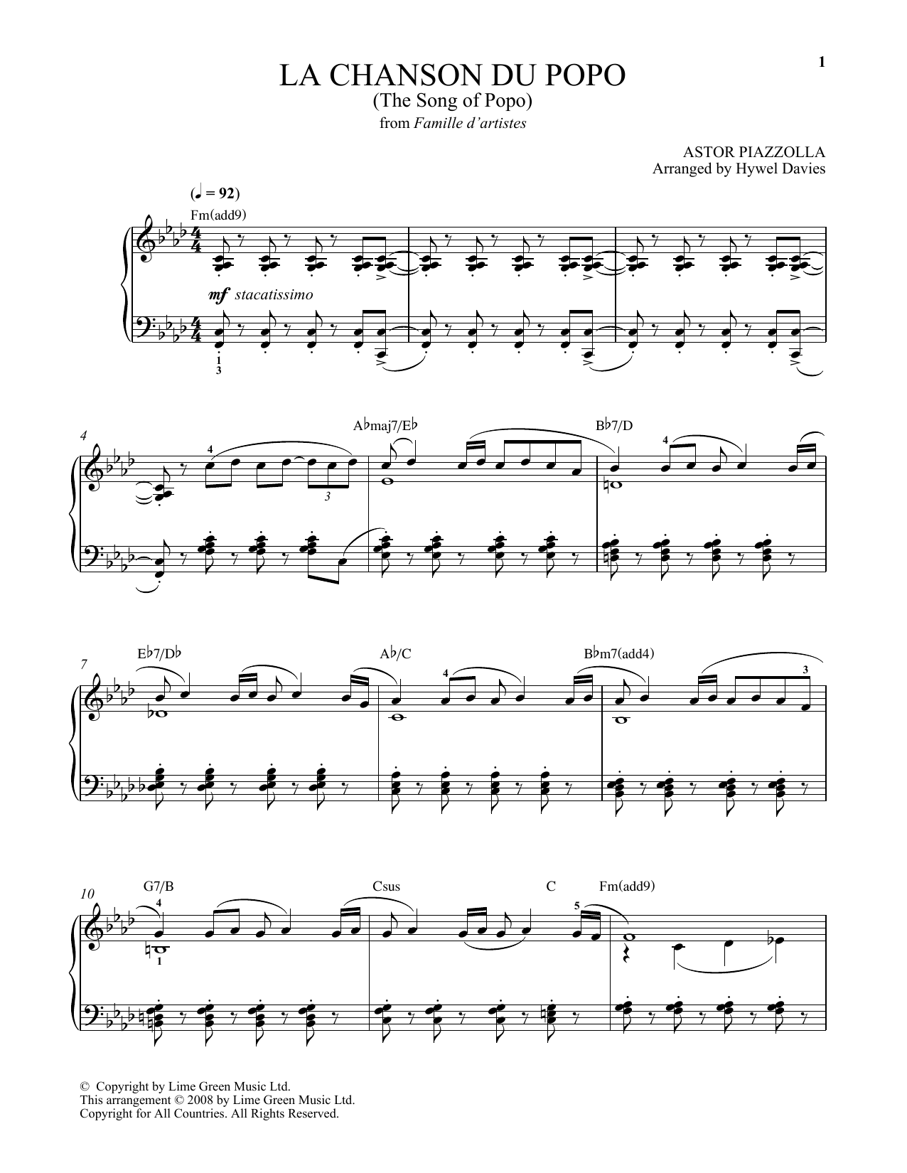 Astor Piazzolla La Chanson Du Popo sheet music notes and chords arranged for Piano Solo