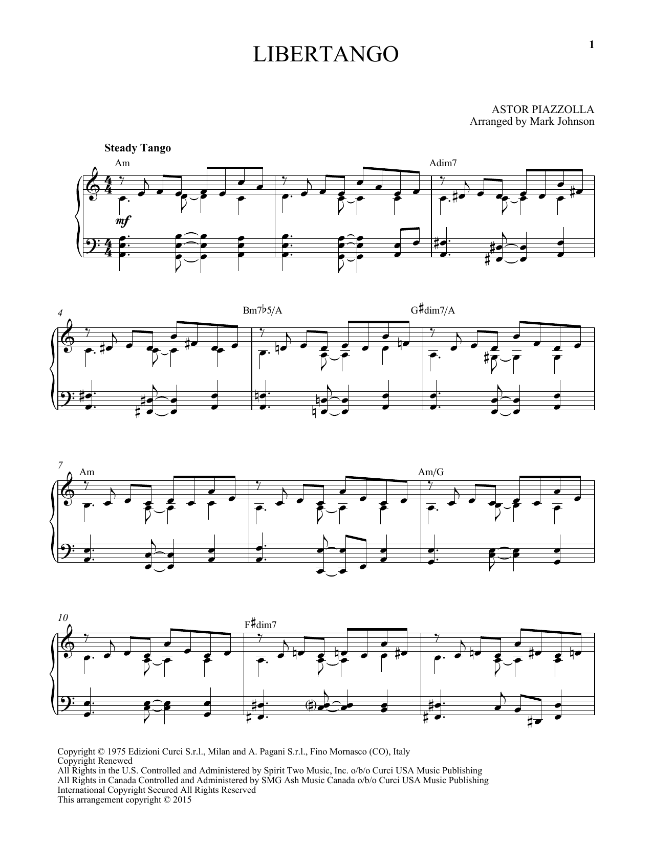 Astor Piazzolla Libertango sheet music notes and chords arranged for Very Easy Piano