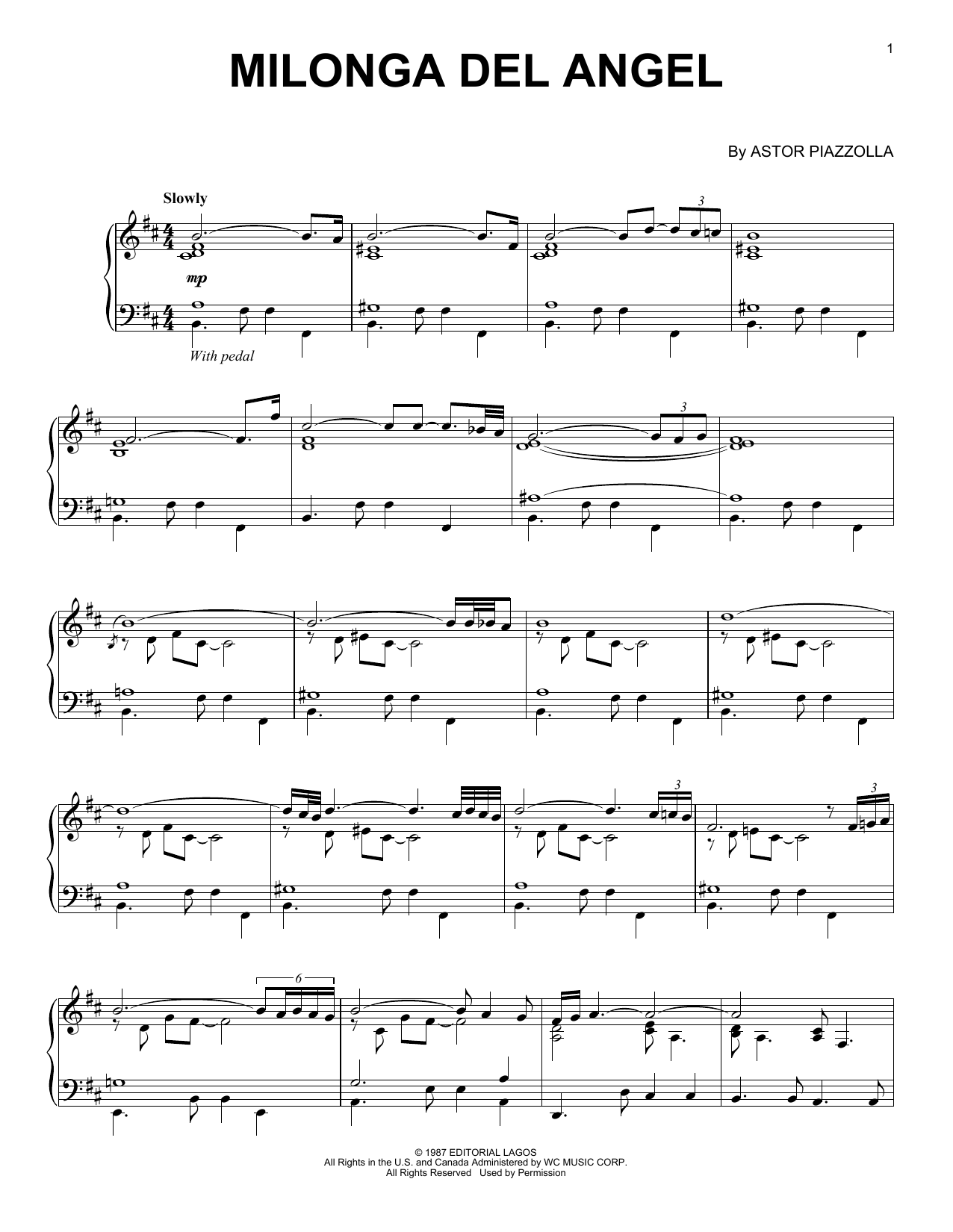Astor Piazzolla Milonga Del Angel sheet music notes and chords arranged for Piano Solo