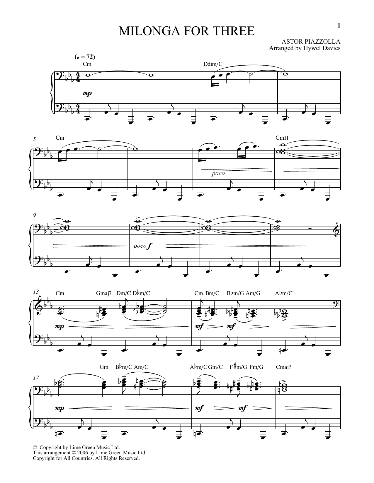 Astor Piazzolla Milonga For Three sheet music notes and chords arranged for Piano Solo