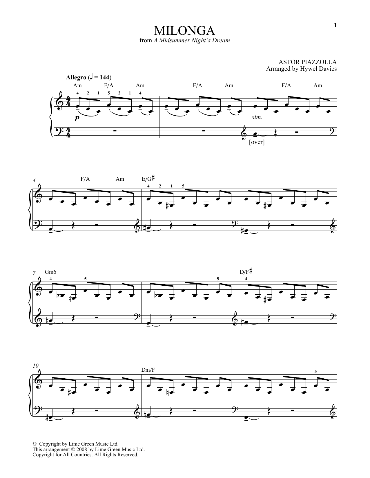 Astor Piazzolla Milonga sheet music notes and chords arranged for Piano Solo