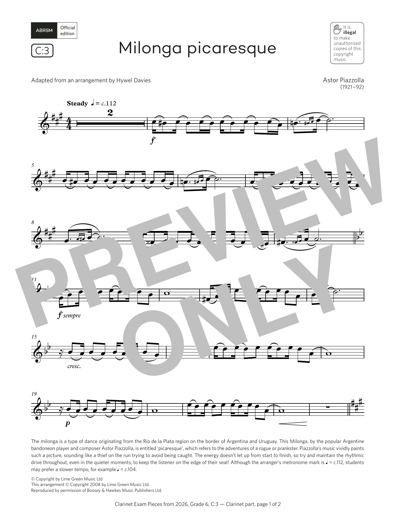 Astor Piazzolla Milonga picaresque (Grade 6, list C3, from the ABRSM Clarinet Syllabus from 2026) sheet music notes and chords arranged for Clarinet Solo