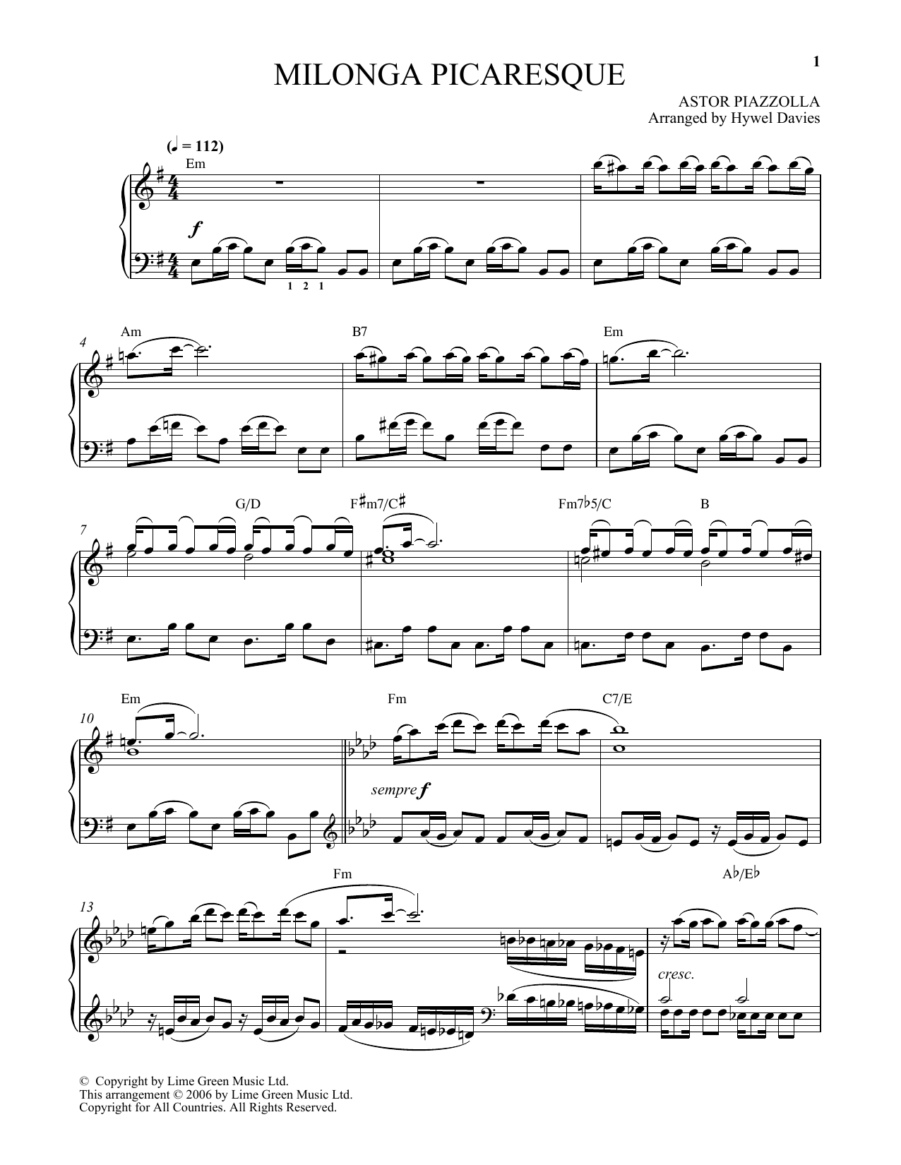 Astor Piazzolla Milonga Picaresque sheet music notes and chords arranged for Piano Solo
