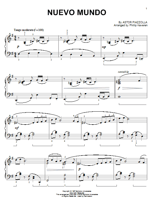 Astor Piazzolla Nuevo Mundo (arr. Phillip Keveren) sheet music notes and chords arranged for Piano Solo