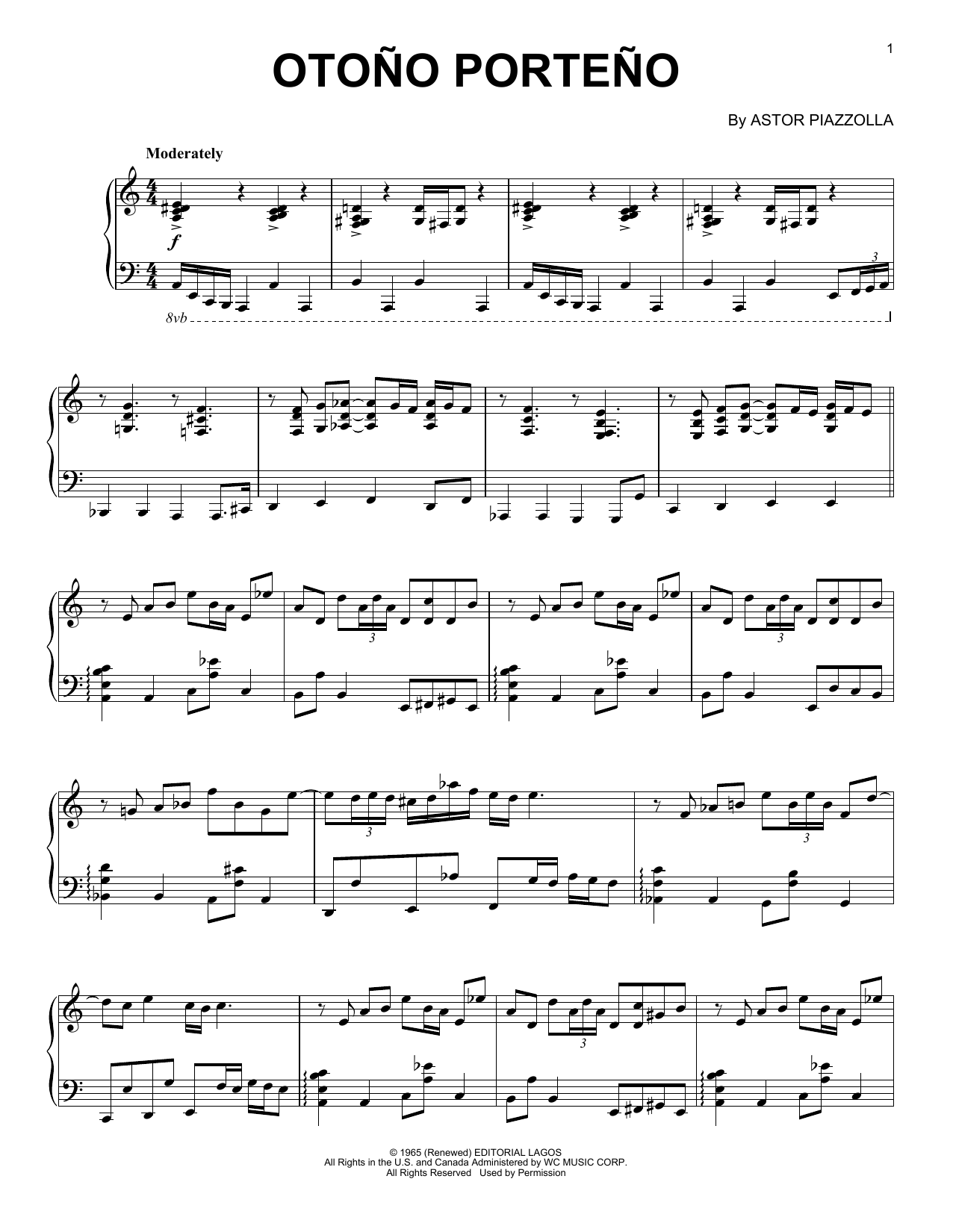 Astor Piazzolla Otono Porteno sheet music notes and chords arranged for Piano Solo