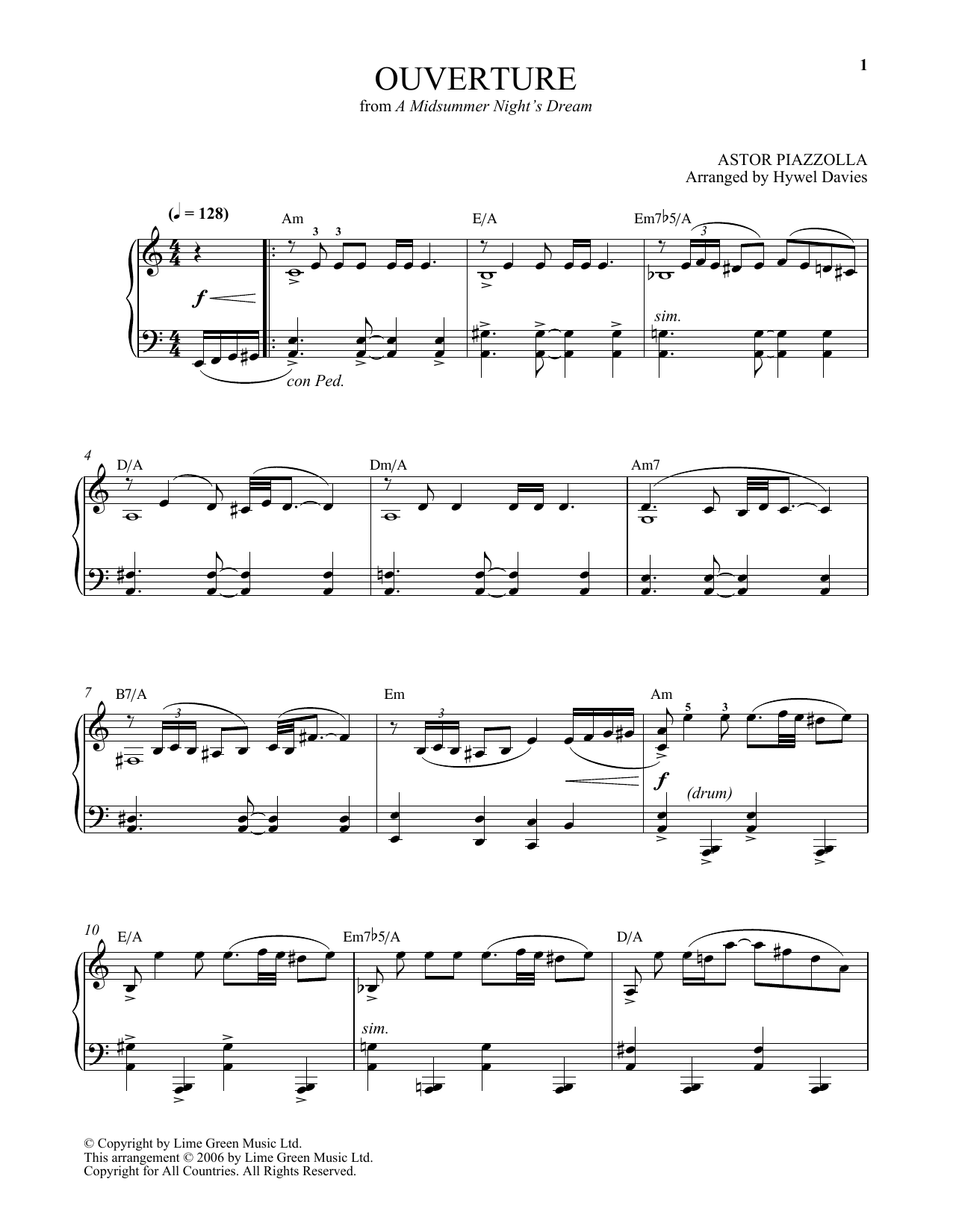 Astor Piazzolla Ouverture sheet music notes and chords arranged for Piano Solo