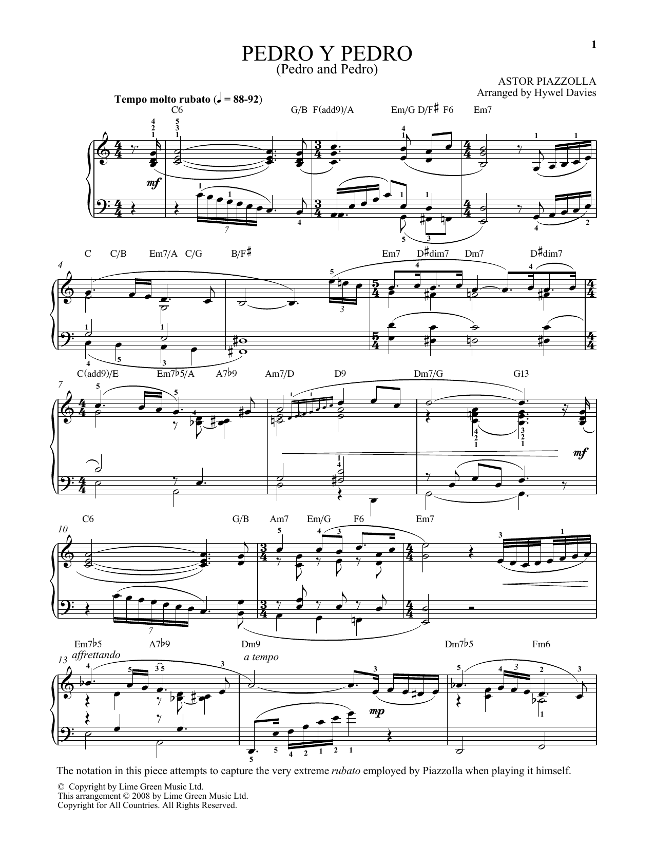 Astor Piazzolla Pedro Y Pedro sheet music notes and chords arranged for Piano Solo