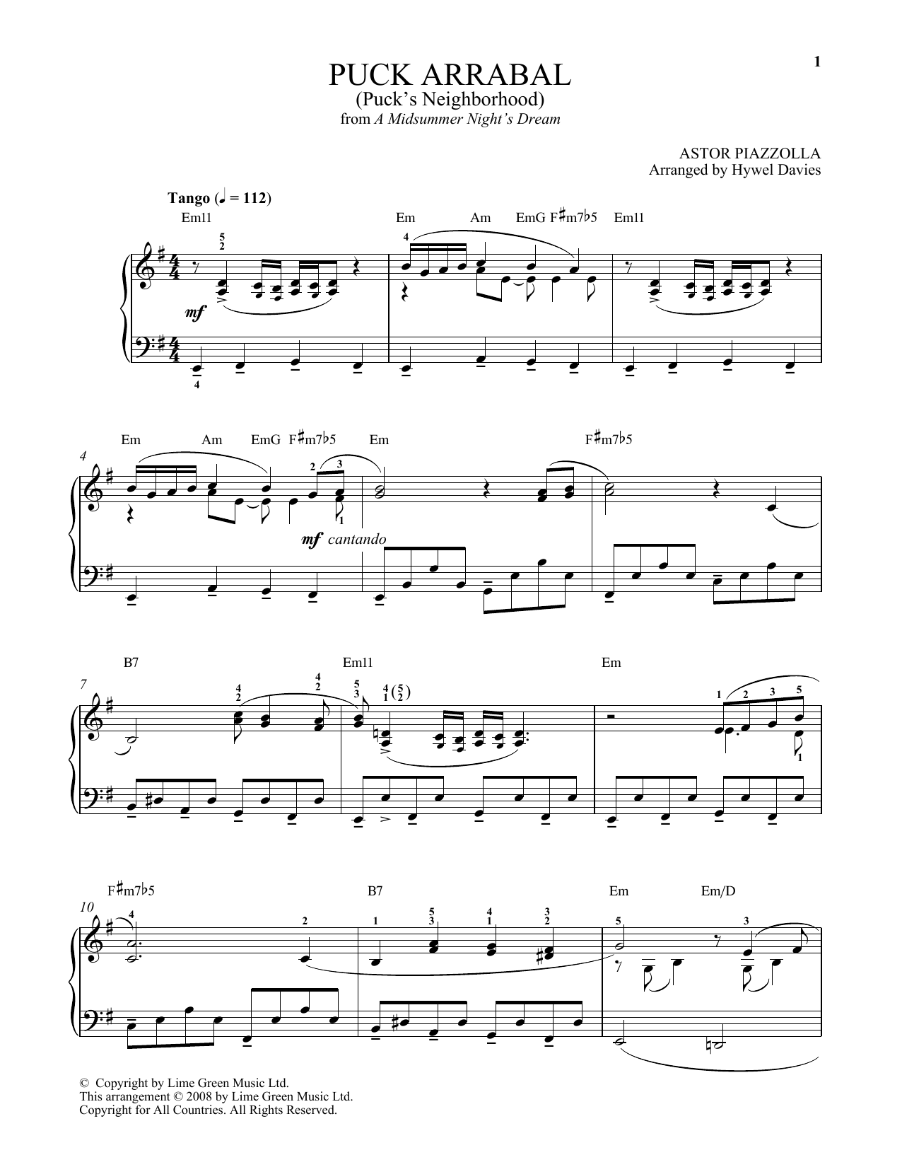 Astor Piazzolla Puck Arrabal sheet music notes and chords arranged for Piano Solo