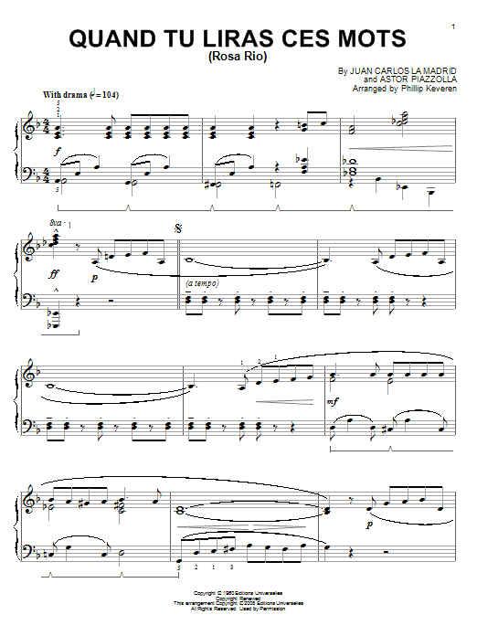 Astor Piazzolla Quand tu liras ces mots (Rosa Rio) (arr. Phillip Keveren) sheet music notes and chords arranged for Piano Solo