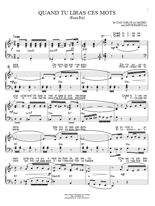 Astor Piazzolla Quand tu liras ces mots (Rosa Rio) sheet music notes and chords arranged for Piano Solo