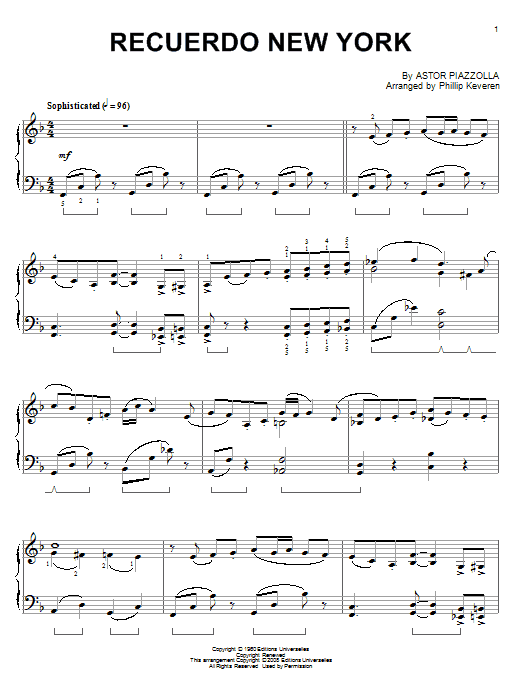 Astor Piazzolla Recuerdo New York (arr. Phillip Keveren) sheet music notes and chords arranged for Piano Solo