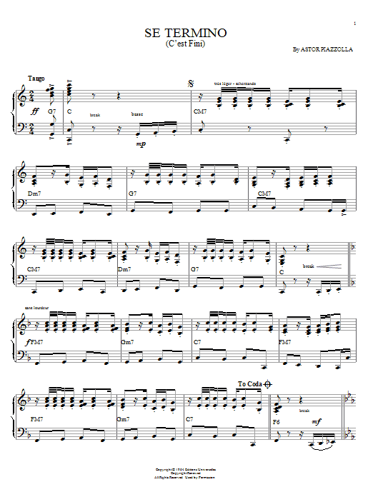 Astor Piazzolla Se Termino (C'est fini) sheet music notes and chords arranged for Piano Solo