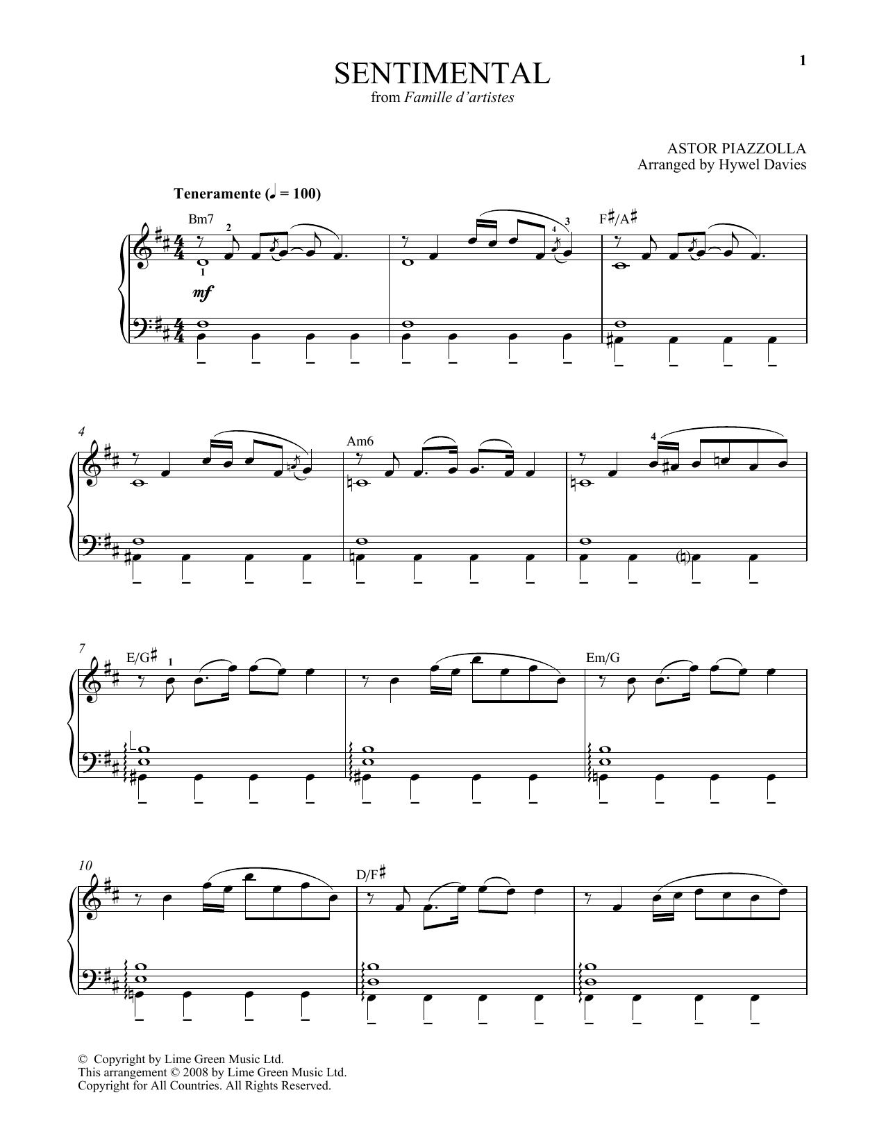 Astor Piazzolla Sentimental sheet music notes and chords arranged for Piano Solo