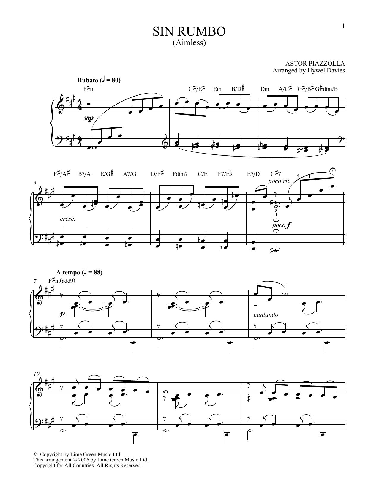 Astor Piazzolla Sin Rumbo sheet music notes and chords arranged for Easy Piano