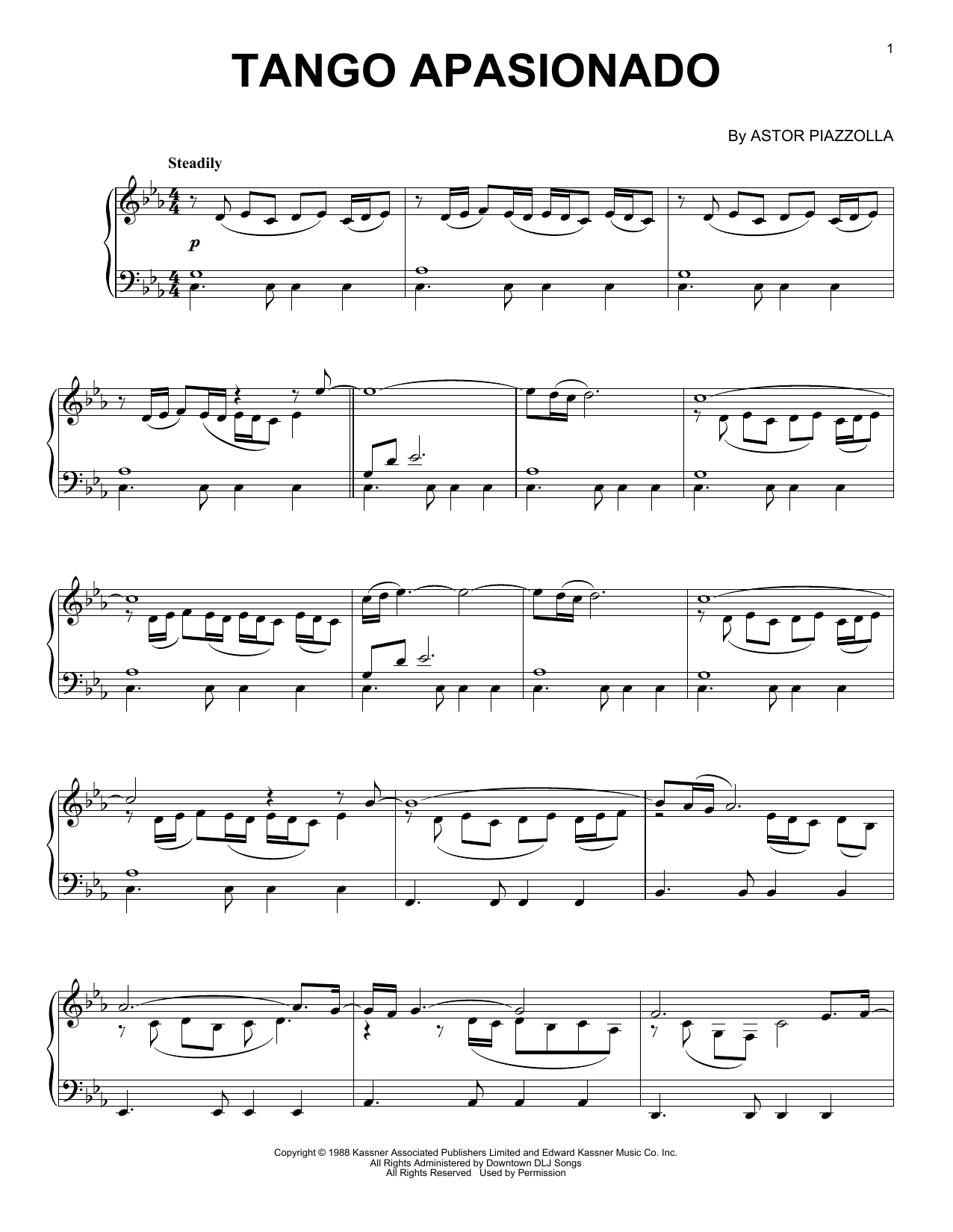 Astor Piazzolla Tango Apasionado sheet music notes and chords arranged for Piano Solo