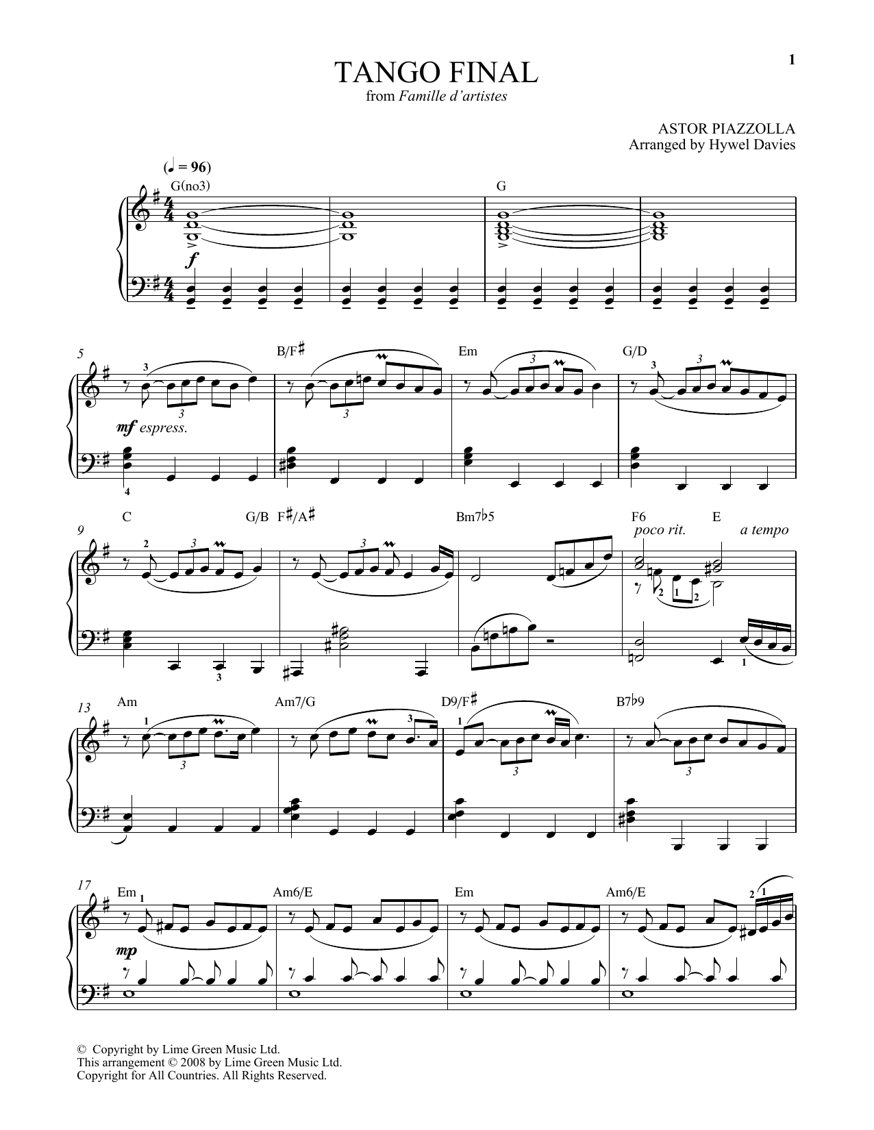 Astor Piazzolla Tango Final sheet music notes and chords arranged for Piano Solo