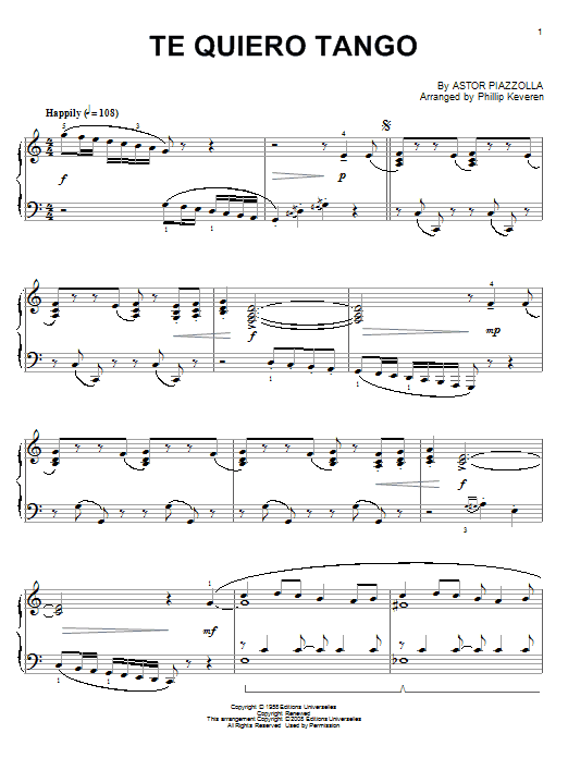 Astor Piazzolla Te quiero tango (arr. Phillip Keveren) sheet music notes and chords arranged for Piano Solo
