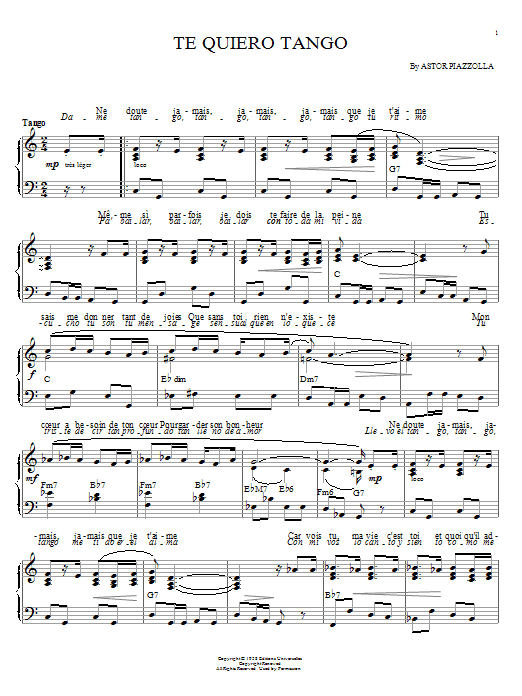 Astor Piazzolla Te quiero tango sheet music notes and chords arranged for Piano Solo