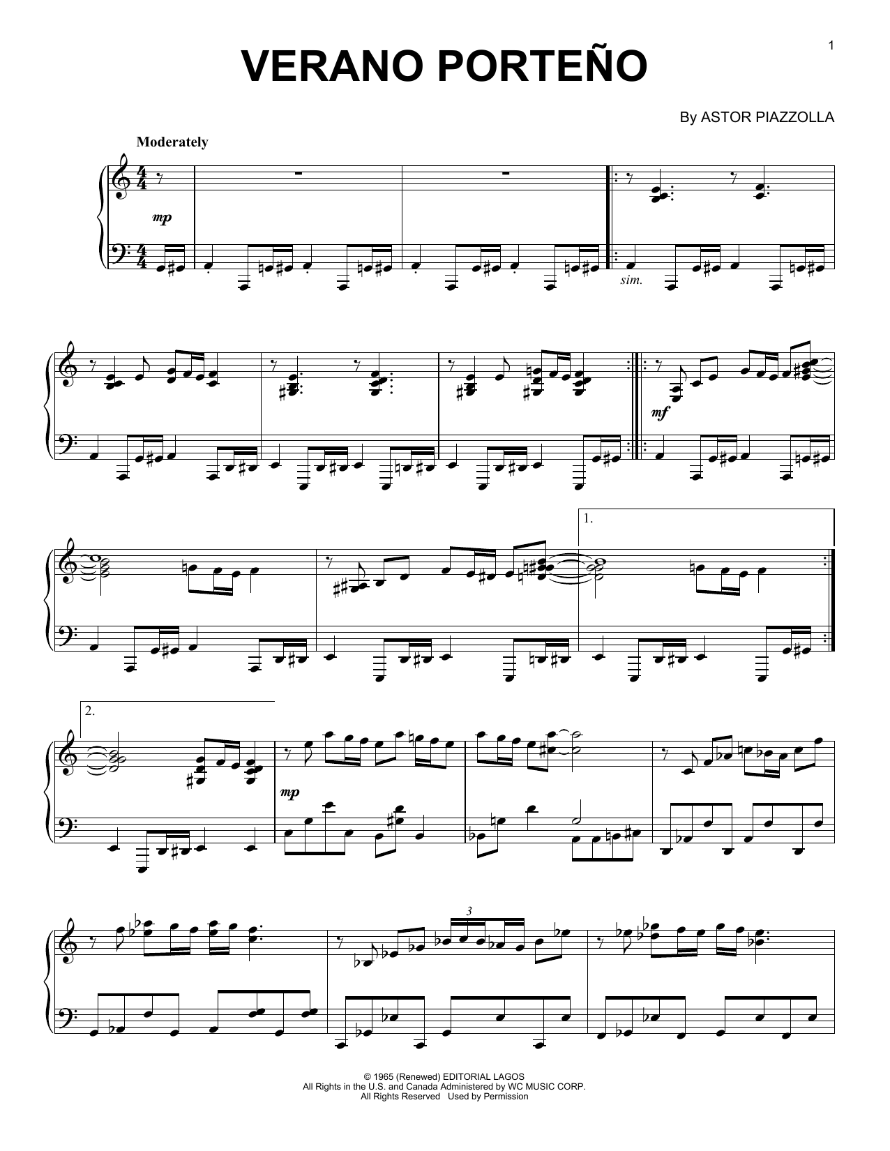 Astor Piazzolla Verano Porteno sheet music notes and chords arranged for Piano Solo