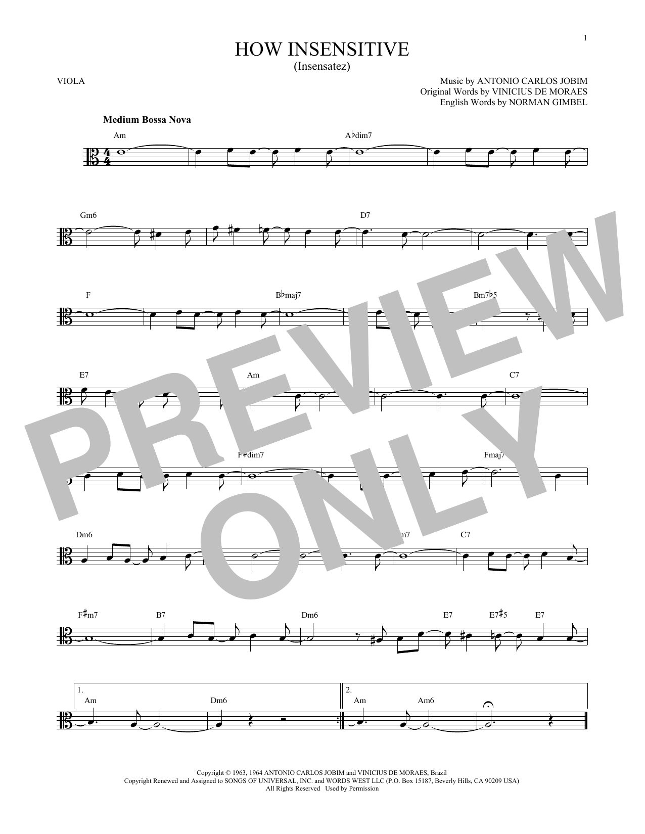 Astrud Gilberto How Insensitive (Insensatez) sheet music notes and chords arranged for Viola Solo