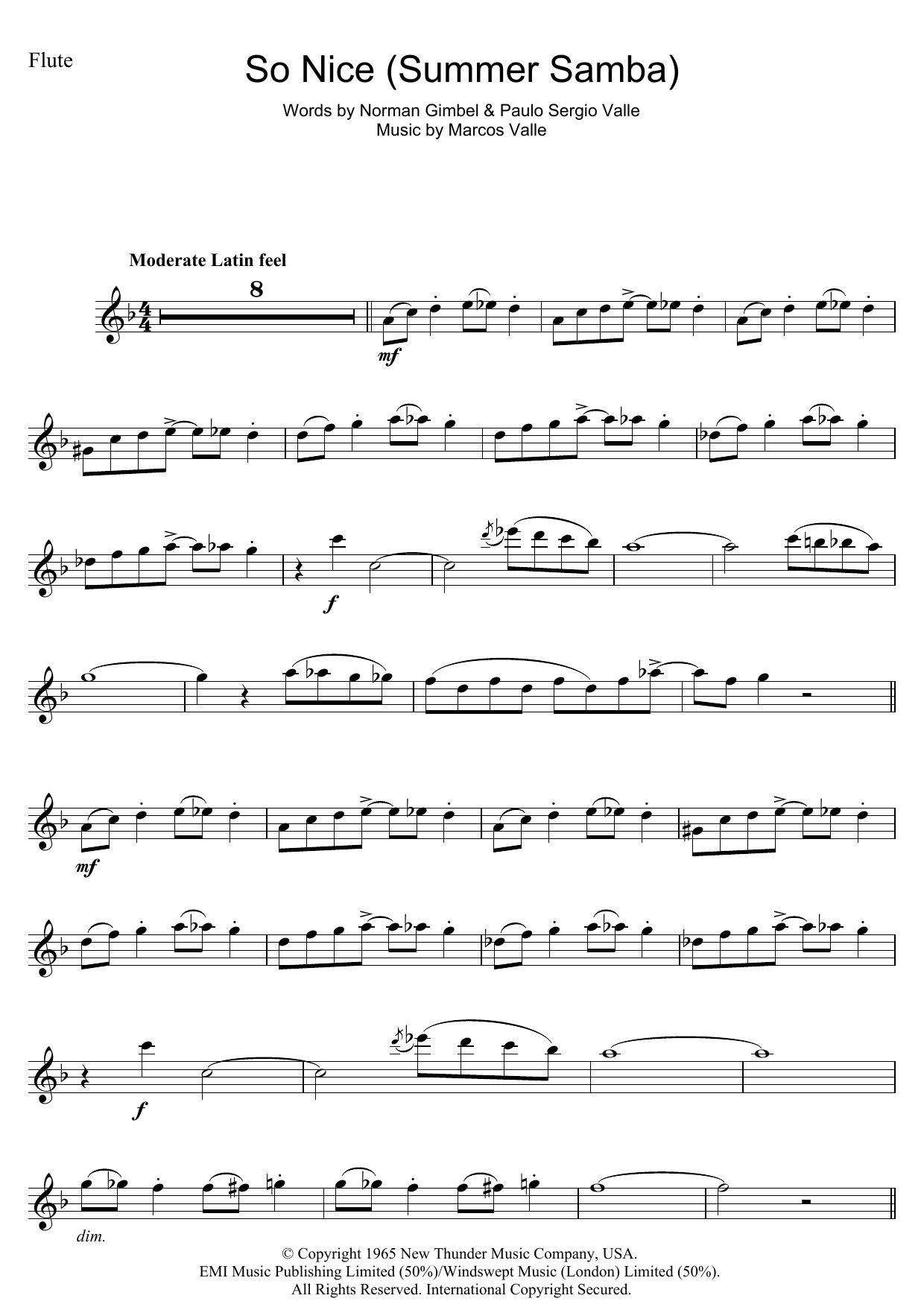 Astrud Gilberto So Nice (Summer Samba) sheet music notes and chords arranged for Flute Solo