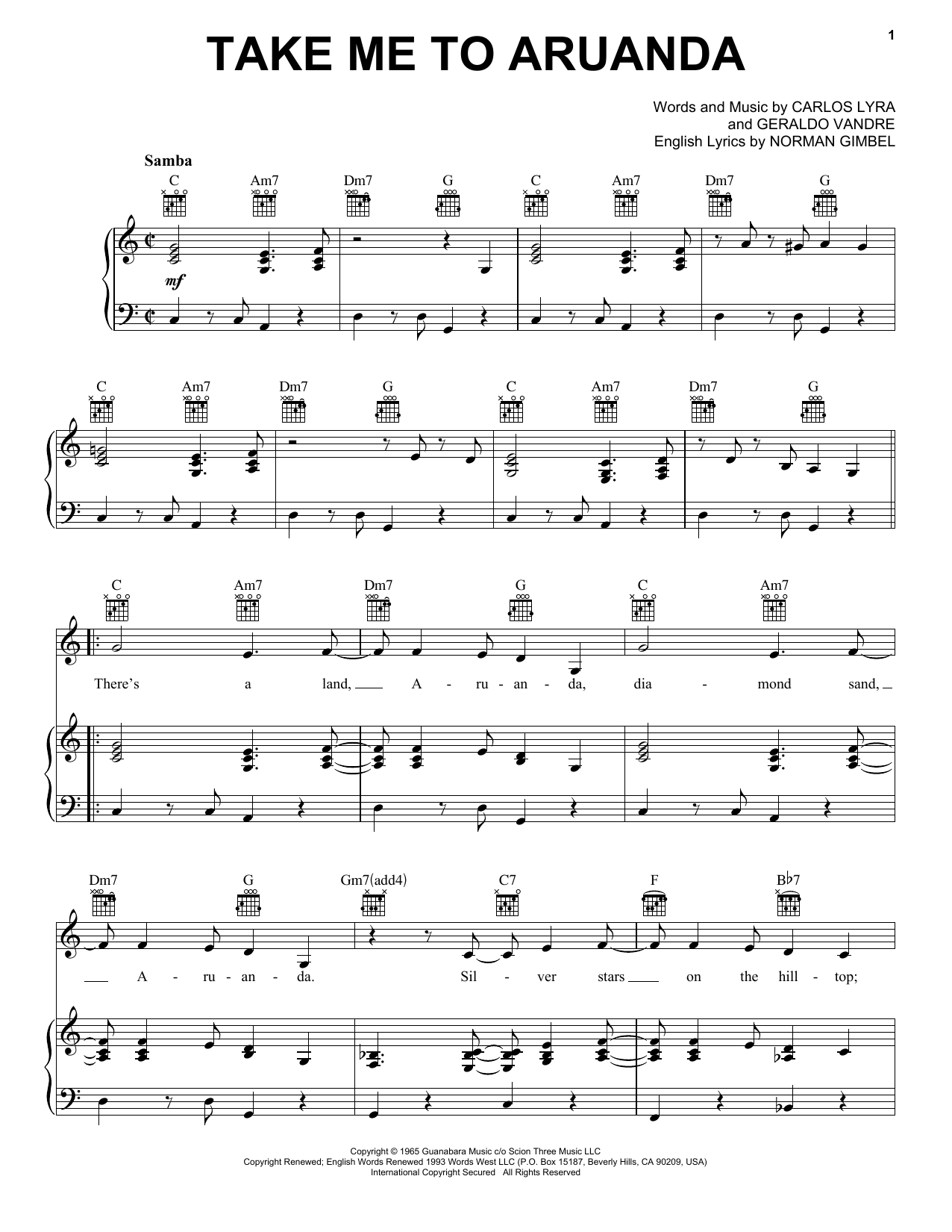 Astrud Gilberto Take Me To Aruanda sheet music notes and chords arranged for Piano, Vocal & Guitar Chords (Right-Hand Melody)