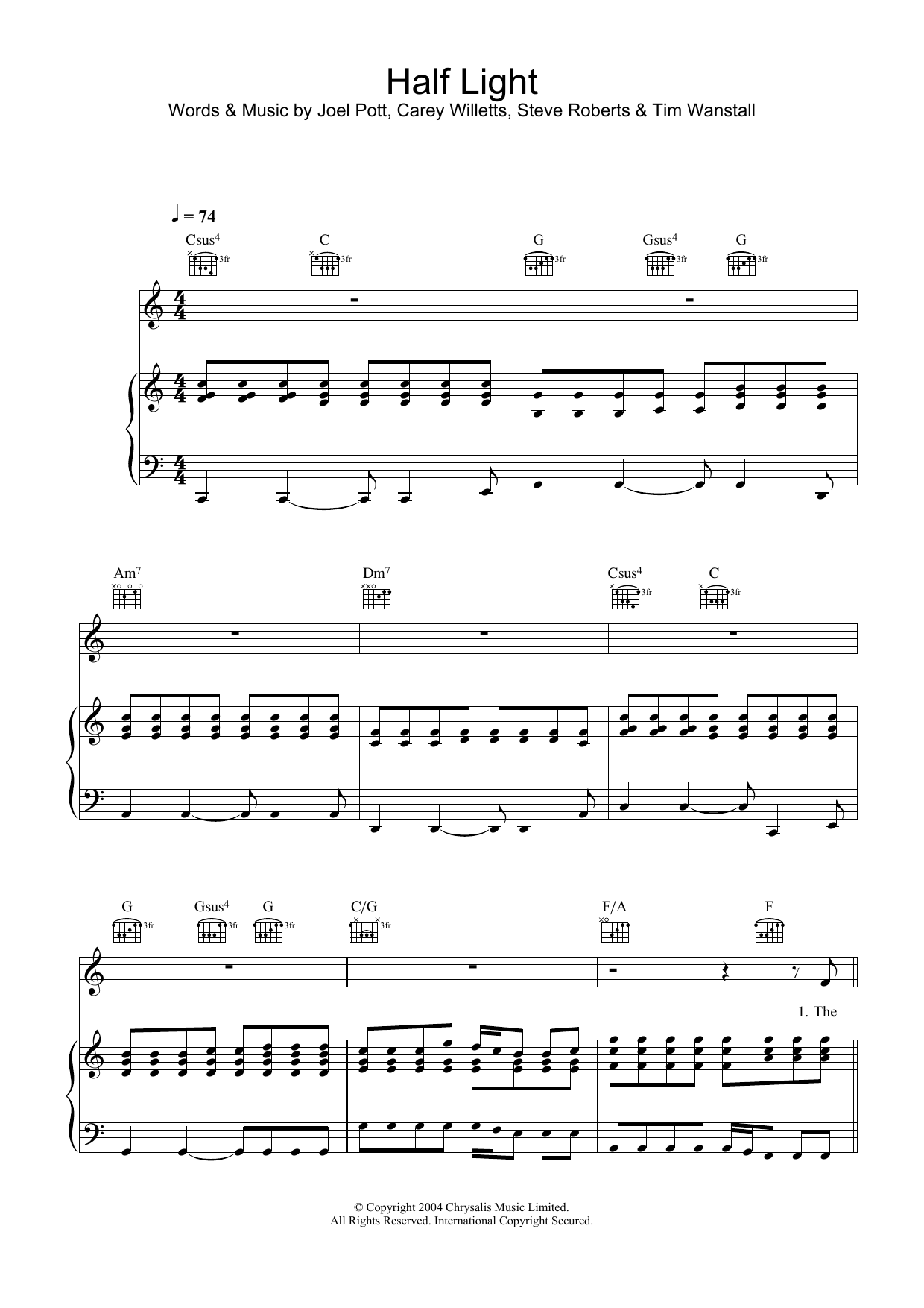 Athlete Half Light sheet music notes and chords arranged for Piano, Vocal & Guitar Chords