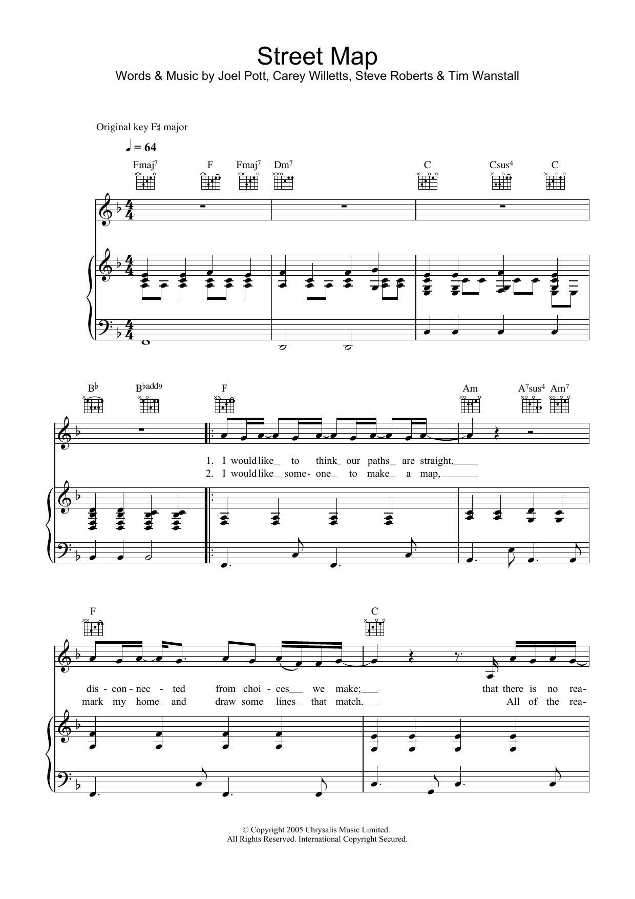 Athlete Street Map sheet music notes and chords arranged for Piano, Vocal & Guitar Chords