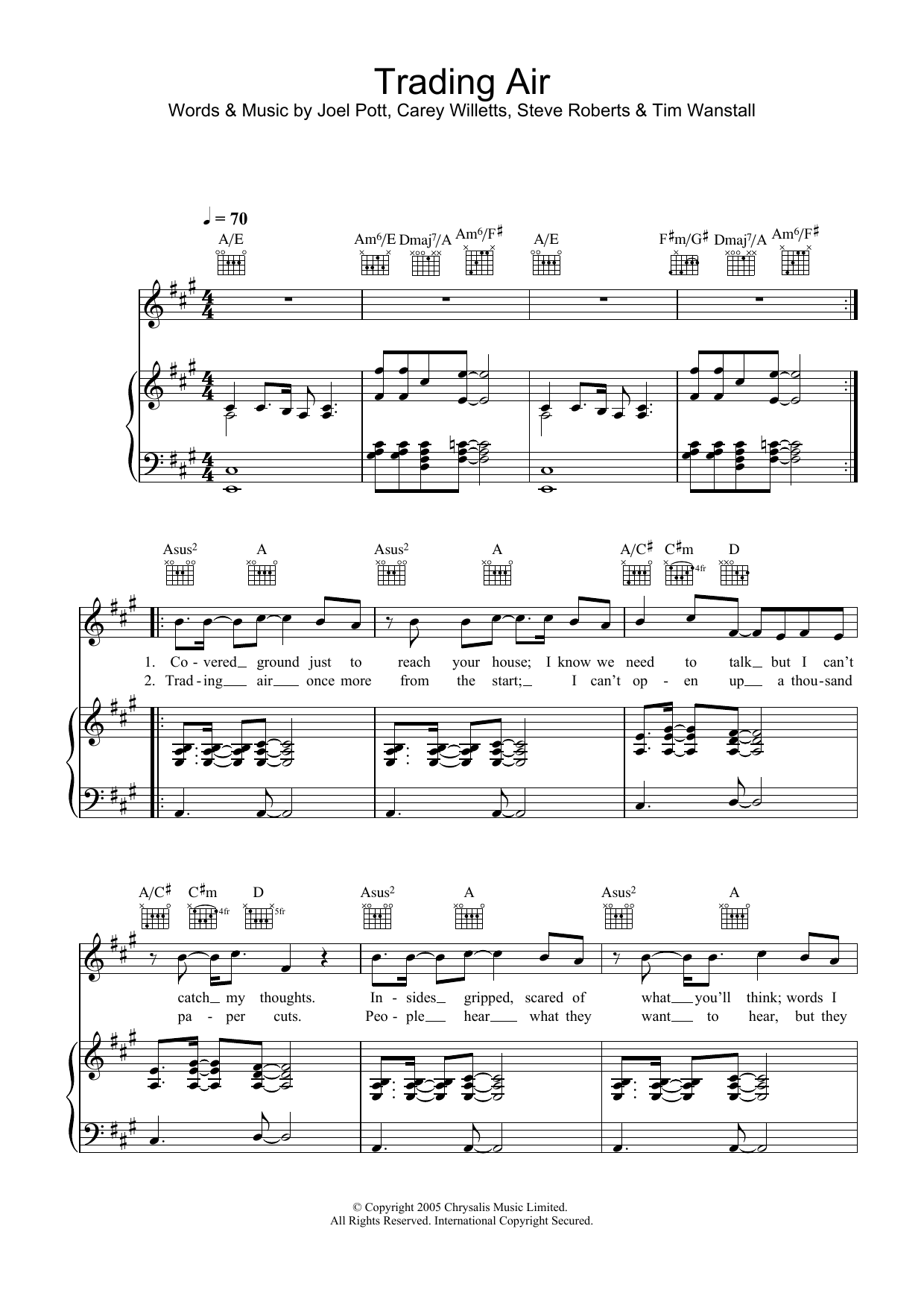 Athlete Trading Air sheet music notes and chords arranged for Piano, Vocal & Guitar Chords