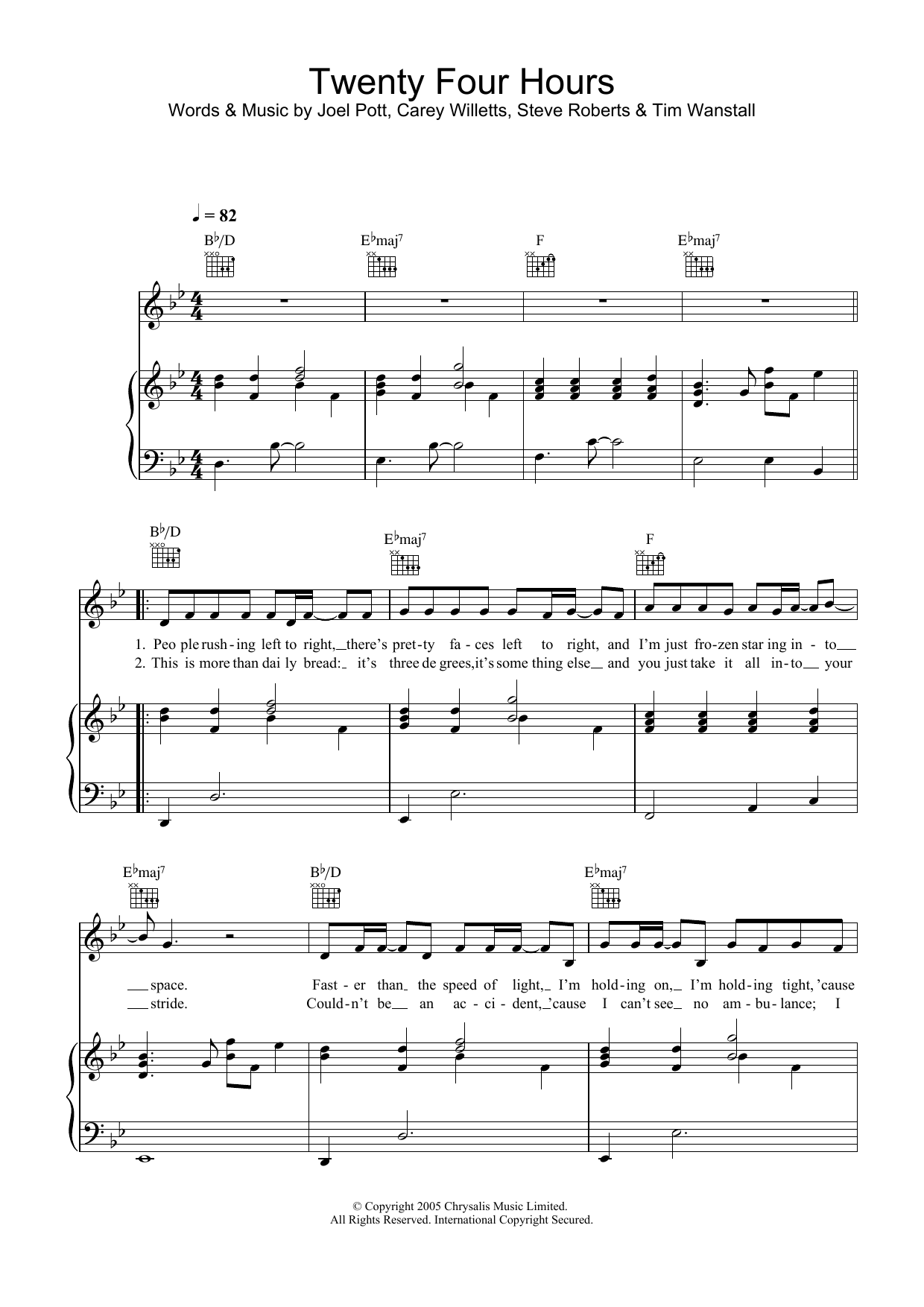 Athlete Twenty Four Hours sheet music notes and chords arranged for Piano, Vocal & Guitar Chords