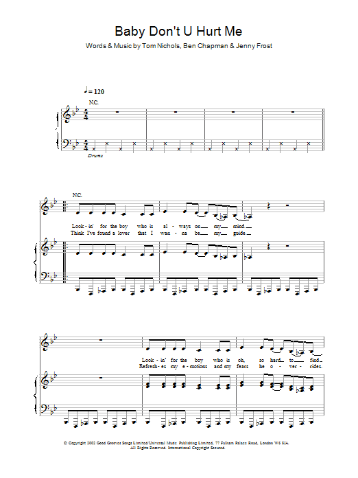 Atomic Kitten Baby Don't U Hurt Me sheet music notes and chords arranged for Piano, Vocal & Guitar Chords