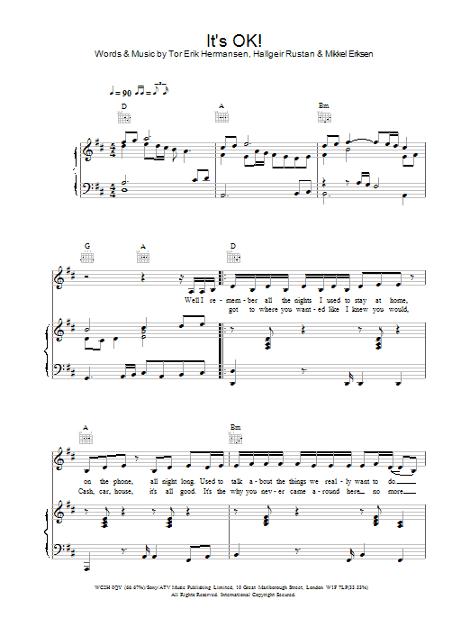 Atomic Kitten It's OK! sheet music notes and chords arranged for Piano, Vocal & Guitar Chords