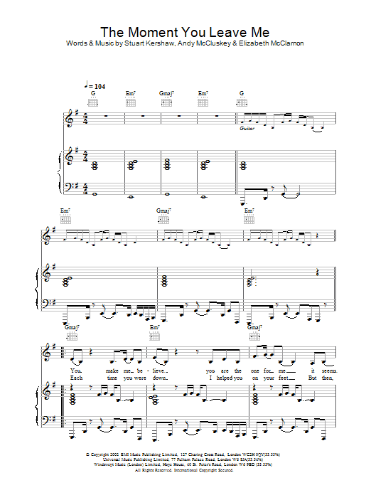 Atomic Kitten The Moment You Leave Me sheet music notes and chords arranged for Piano, Vocal & Guitar Chords
