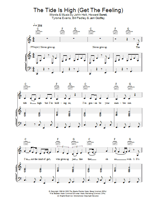 Atomic Kitten The Tide Is High (Get The Feeling) sheet music notes and chords arranged for Lead Sheet / Fake Book