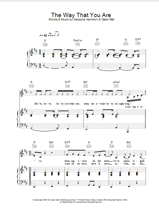 Atomic Kitten The Way That You Are sheet music notes and chords arranged for Piano, Vocal & Guitar Chords