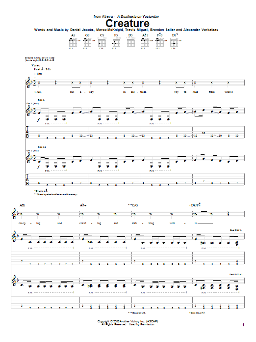Atreyu Creature sheet music notes and chords arranged for Guitar Tab