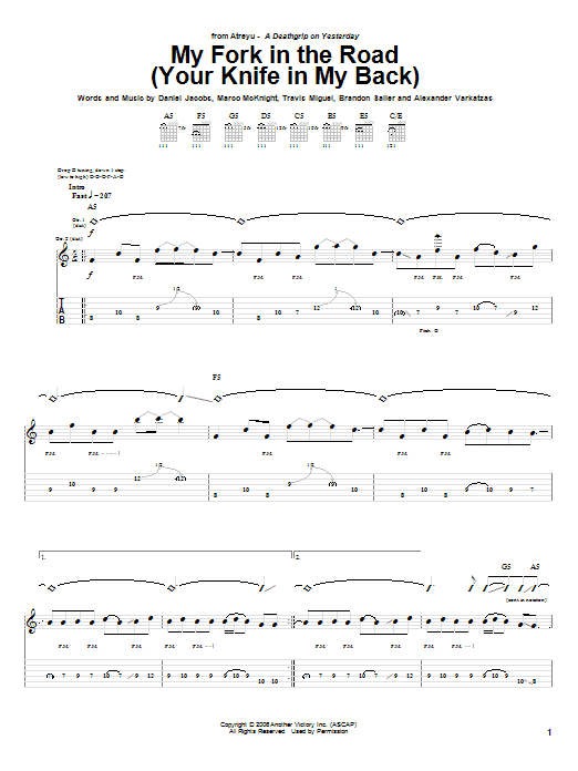 Atreyu My Fork In The Road (Your Knife In My Back) sheet music notes and chords arranged for Guitar Tab