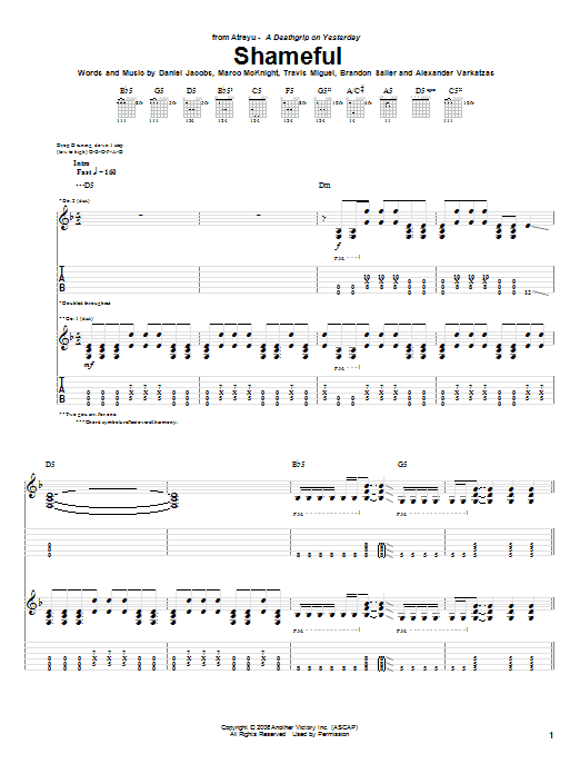 Atreyu Shameful sheet music notes and chords arranged for Guitar Tab