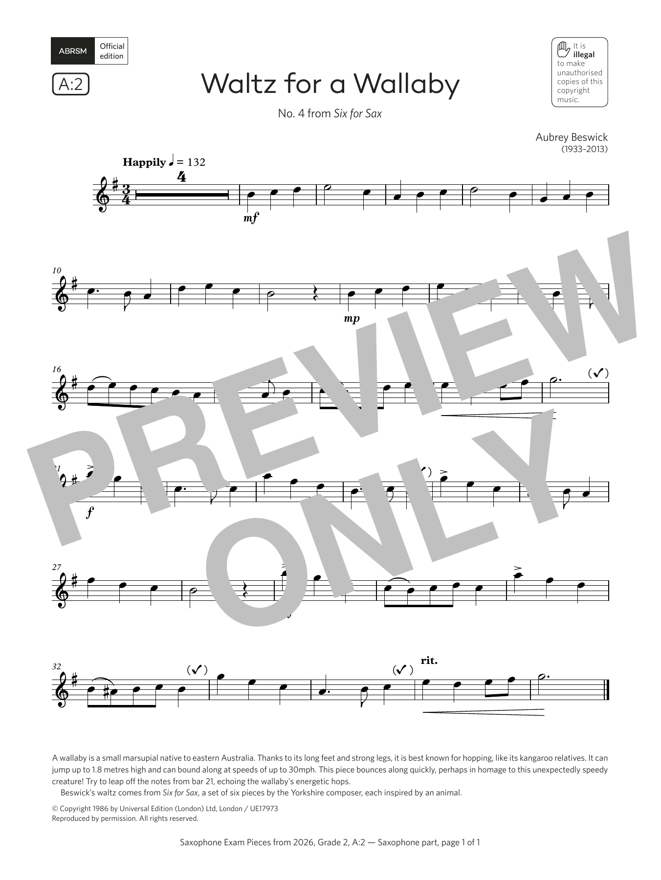 Aubrey Beswick Waltz for a Wallaby (Grade 2, list A2, from the ABRSM Saxophone Syllabus from 2026) sheet music notes and chords arranged for Alto Sax Solo