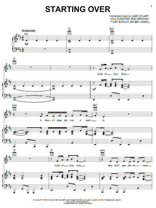 Audio Adrenaline Starting Over sheet music notes and chords arranged for Piano, Vocal & Guitar Chords (Right-Hand Melody)