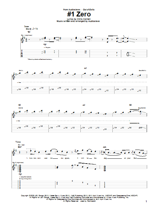 Audioslave #1 Zero sheet music notes and chords arranged for Guitar Tab