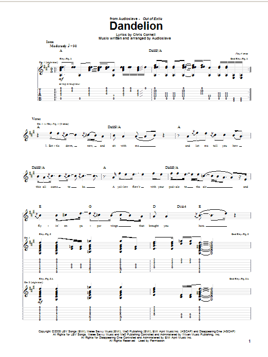 Audioslave Dandelion sheet music notes and chords arranged for Guitar Tab