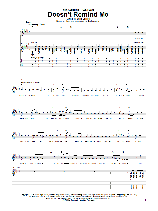 Audioslave Doesn't Remind Me sheet music notes and chords arranged for Guitar Tab
